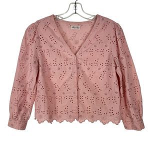 LoveShackFancy Top Womens Size S Pink Eyelet Romantic V Neck Blouse